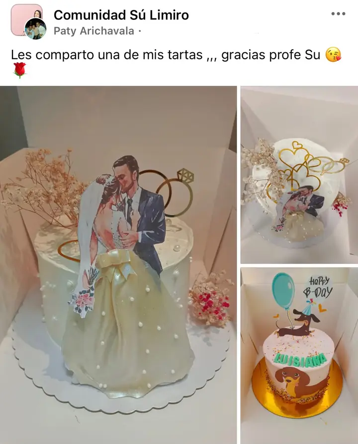 Publicación de Paty Arichavala en la Comunidad Sú Limiro: torta de boda y torta de cumpleaños
